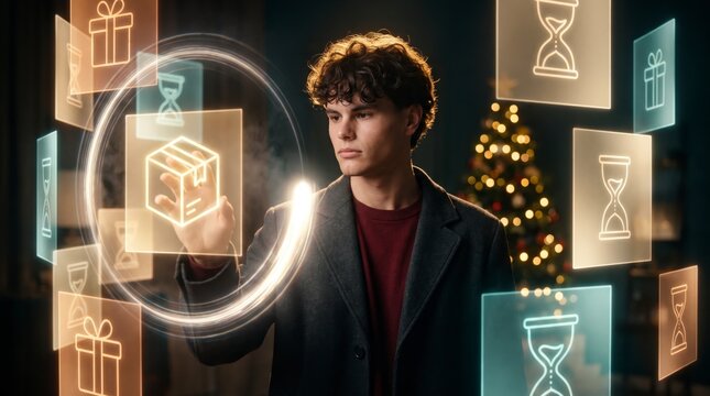 Rushed shopper selecting express shipping among holographic hourglass and gift icons for Christmas
