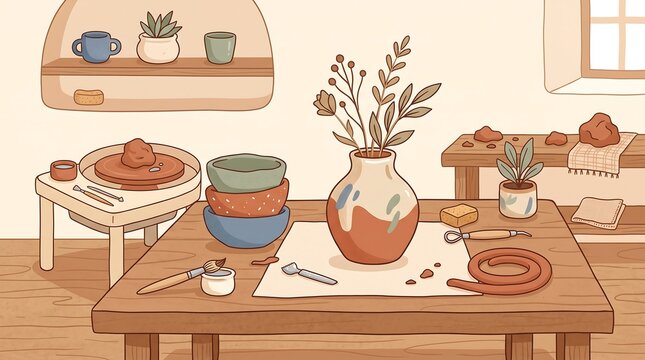 Cozy pottery studio interior featuring handcrafted ceramic vases stacked bowls sculpting tools wooden tables shelving units plants and warm earthy pastel color tones creating relaxing artistic creativ