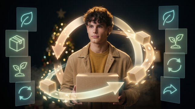 Sustainable shopper holding cardboard box inside glowing circular arrow of recycling icons