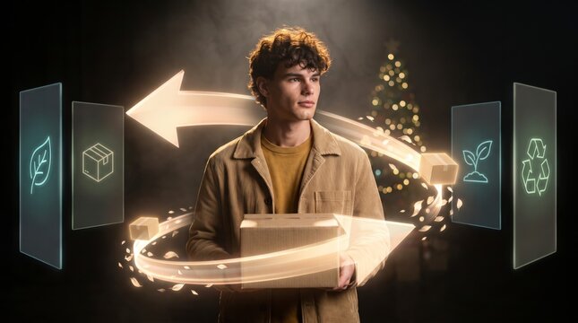 Responsible buyer carrying reusable parcel with glowing return arrow and eco recycling panels