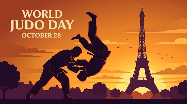 World Judo Day Celebration Banner with Paris Eiffel Tower