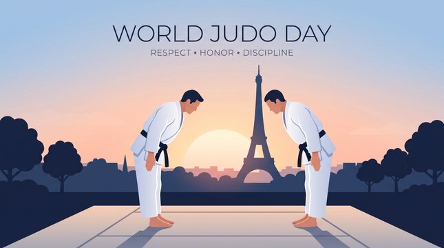 World Judo Day Illustration with Judokas Bowing in Paris
