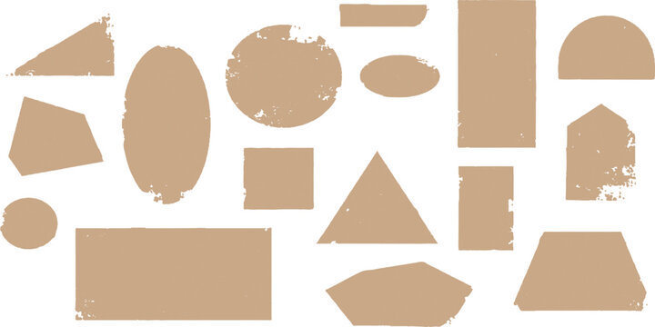 Tan geometric shape set grunge texture on white. Rough circles, blocks and triangles in vector for covers and flyers.