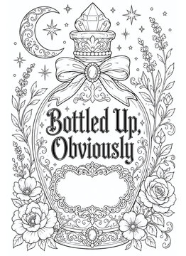 Sarcastic witchy coloring page with a potion bottle, lace label, ribbon bow, stars, florals, and the quote Bottled Up, Obviously