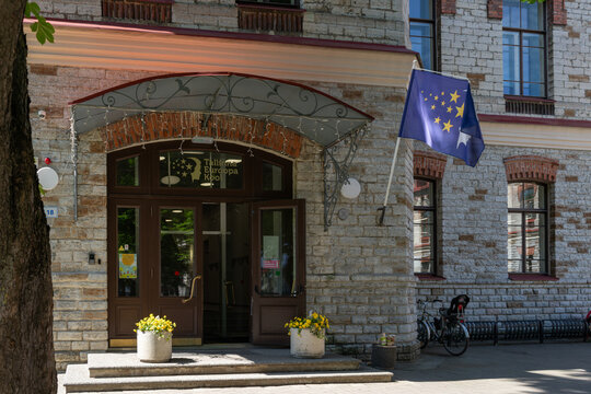 Entrance to Tallinn European School with school flag in Estonia