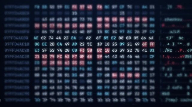Digital Hex Dump Displaying Memory Corruption and Malware Code During a Cybersecurity Breach.
