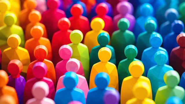 Crowd of tiny colorful abstract figurines standing closely together with multi colored figurine community diversity population