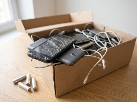 Old smartphones in cardboard box for e-waste recycling close-up
