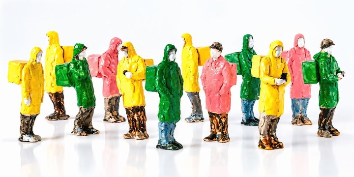 Colorful Miniature Delivery Workers in Yellow, Green and Pink Uniforms on a Clean White Background