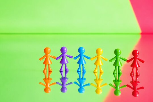 Colorful Human Figures with Mirror Reflections on a Green and Pink Background &ndash; Unity and Diversity Concept
