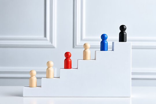 Wooden Human Figures Climbing a Staircase &ndash; Success, Leadership and Career Growth Concept
