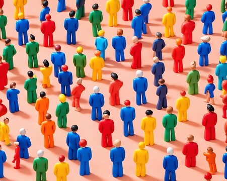 Colorful Crowd of Human Figurines on a Peach Background &ndash; Diversity and Society Concept
