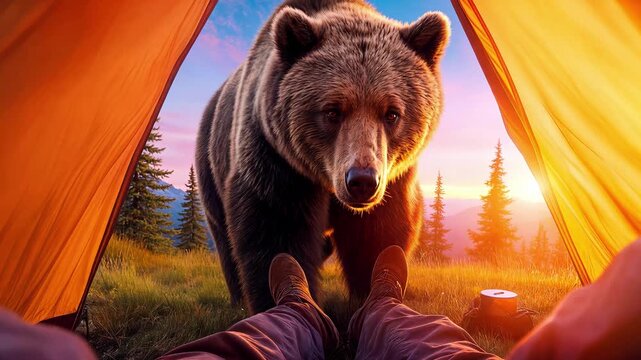 Grizzly bear approaching orange tent in mountain wilderness at sunset. First-person perspective of camper encountering wildlife during outdoor adventure. Tracking camera movement.