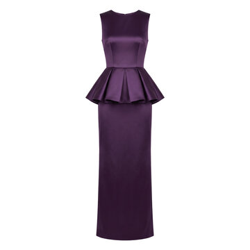 Purple satin peplum column maxi evening dress isolated
