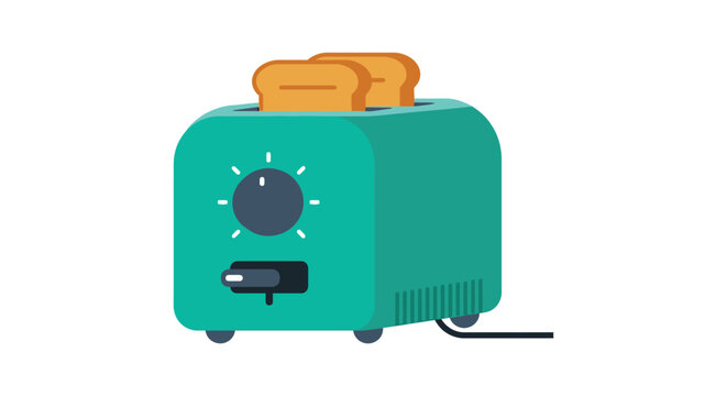 A teal colored toaster with two slices of bread pops up against a white background