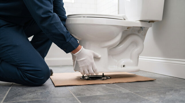 Plumber in uniform installing toilet over flange on bathroom floor