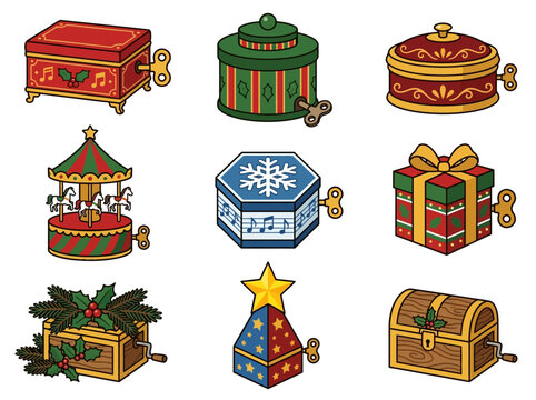Christmas Christmas music box collection set with vintage wind-up toy illustrations Vector