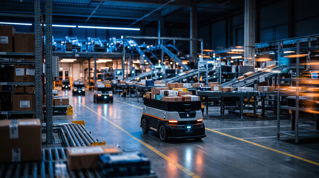 Fleet of mobile robots moves packages between conveyor stations in advanced distribution center. Smart distribution, package flow concept.