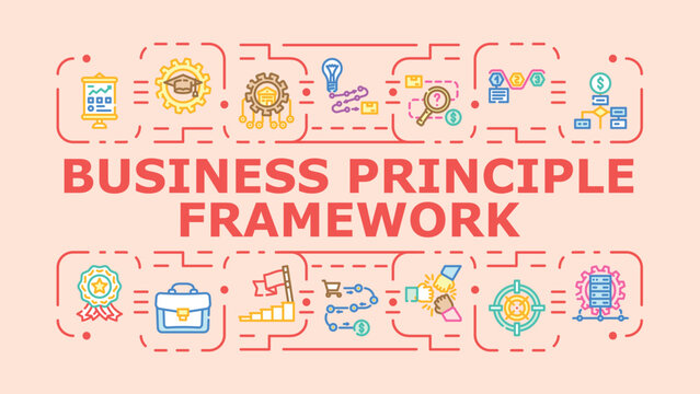 Business principle framework banner infographic. Organization ethics, process leadership, management systems icon vector illustration