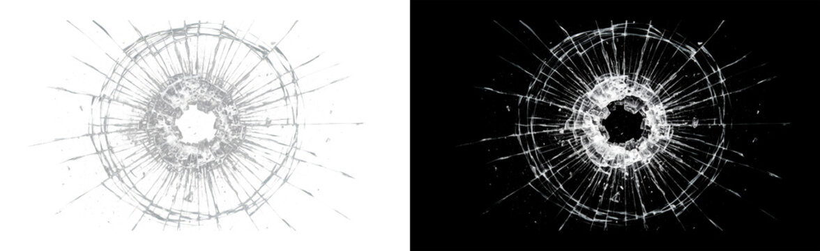 Smashed window pane, round hole in glass, spiderweb cracks, fractured glass texture frame for photo compositing and video editing, png overlay isolated on transparent background