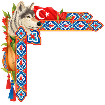 Turkish corner border with grey wolf bozkurt turkey flag iznik tile pattern and baglama saz illustration