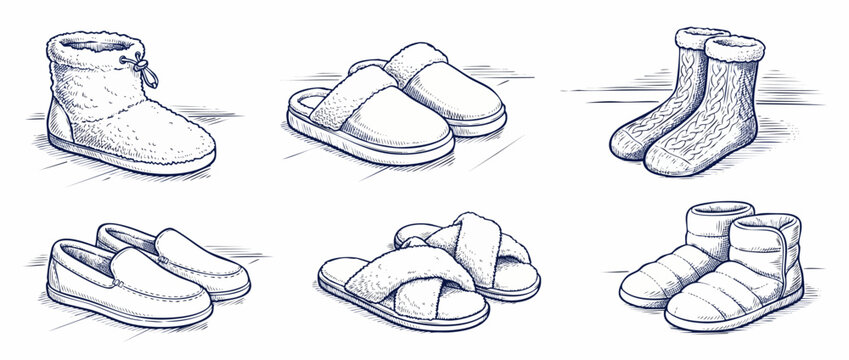 Cozy winter slippers line art sketch set of warm indoor footwear including knitted socks moccasins and fluffy boots isolated on white background for hygge home relaxation and seasonal apparel design.
