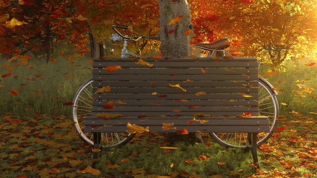 Park bench with a leaned bicycle covering by colorful leaves at fall season