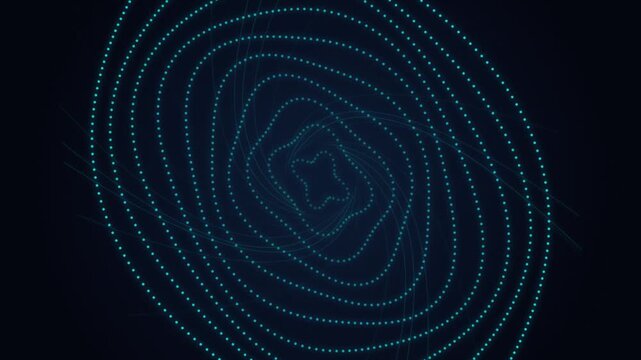 Glowing blue neon dot spiral vortex rotating on a dark background in futuristic motion graphic loop
