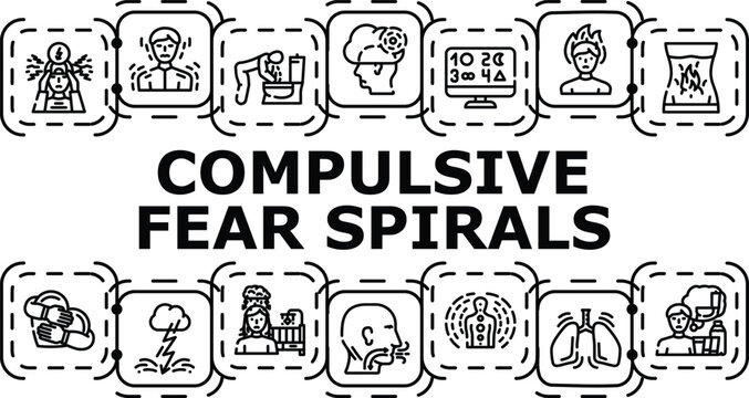 Compulsive fear spirals banner infographic. Fixation compulsion, escalation spiral, obsession phobia icon vector illustration