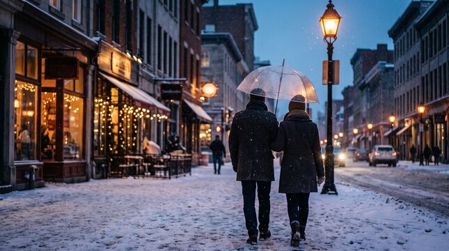 Couple Walking Under Umbrella on Snowy City Street at Dusk