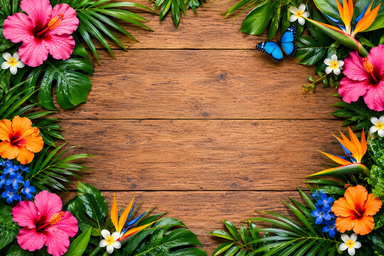 Tropical Floral Border Frame on Wooden Background