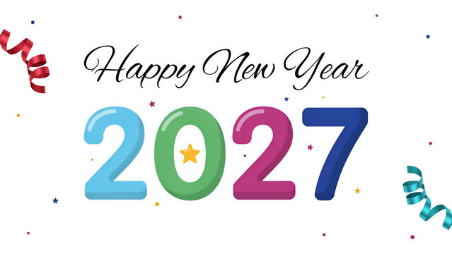 Colorful happy new year twenty twenty seven greeting card design featuring bright typography and floating festive ribbons