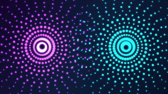 Glowing Neon Dot Spiral Animation with Pink and Cyan Concentric Circles on Navy Blue Background
