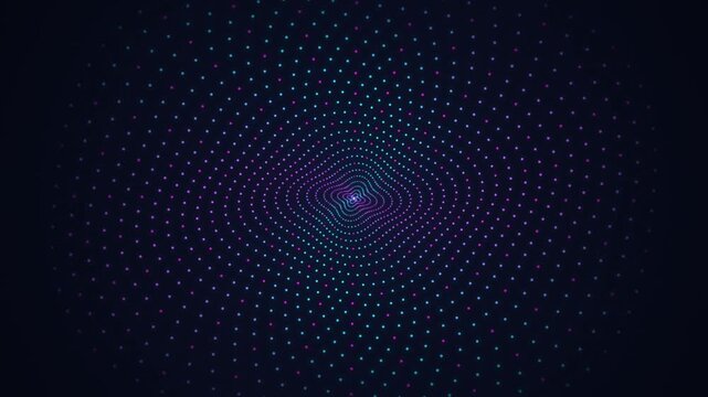 Glowing neon dot spiral pattern animating on dark blue background in a futuristic tech digital loop