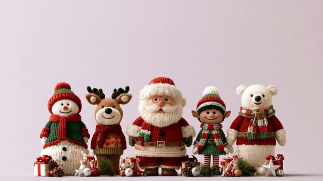 AI-generated video of cheerful characters a reindeer, Santa Claus, snowman, a polar bear, and an elf dancing and celebrating together in a Christmas magic theme, with a plain, pastel purpl background.