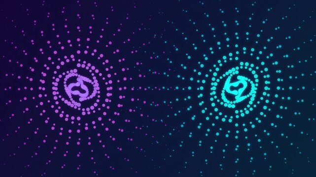 Glowing neon dotted spiral circles pulsing on dark background in pink and blue cyber digital style