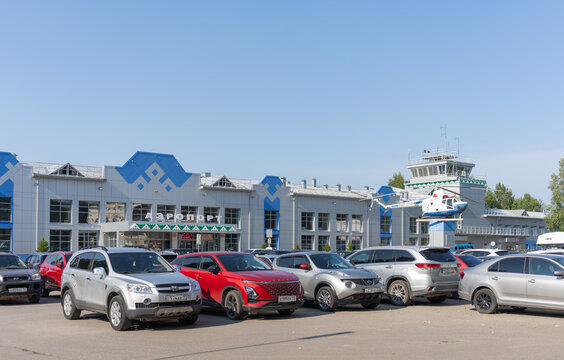 Busy car parking outside Ukhta Airport terminal in the Komi Republic