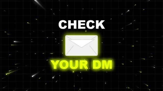Check Your DM Text Animation with Glowing Envelope Icon on Dark Grid Background for Social Media
