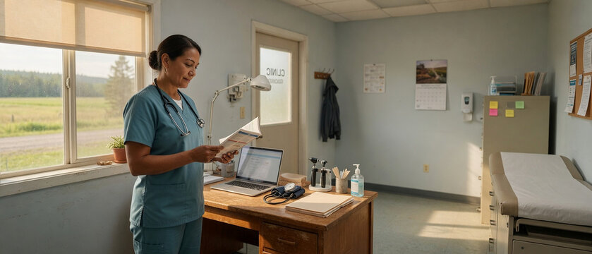 Female Doctor Reviewing Healthcare Information in Community Clinic