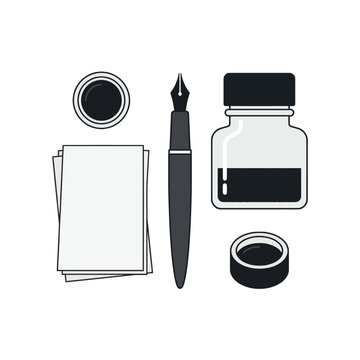 Fountain pen and ink bottle vector set with paper sheets and inkwells