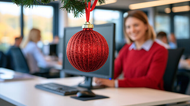 Close-up of a Christmas ornament hanging beside an office computer monitor, busy employees softly blurred in background, modern desk setup, subtle festive atmosphere, realistic shallow depth of fiel