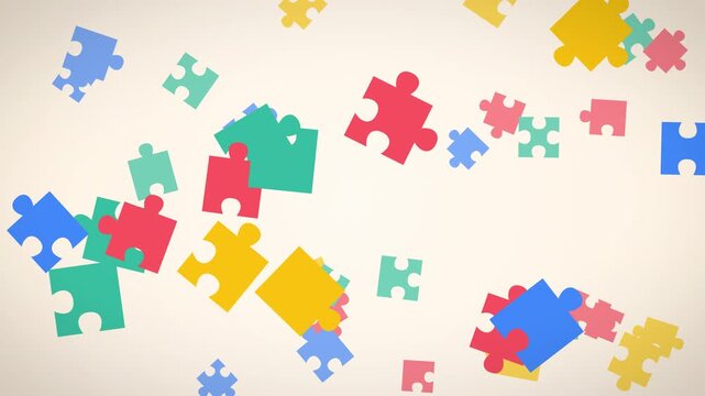 Floating jigsaw puzzle pieces in red, blue, teal and yellow on soft cream background. Teamwork and solution concept, seamless loop