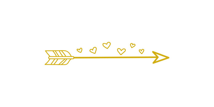 Golden cupids arrow with outlined hearts, isolated on transparent background