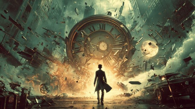 Man faces giant clock shattering reality with explosions and debris. Figure stands before colossal, broken clock as world around them disintegrates into fragments and fiery bursts under luminous moon