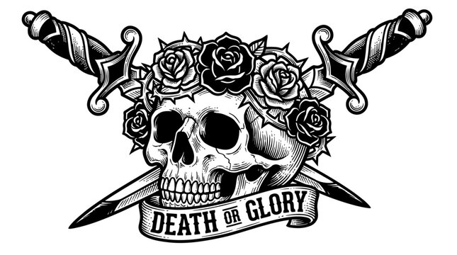 Traditional Tattoo Design, Bold American traditional blackwork tattoo featuring a crowned skull and dagger