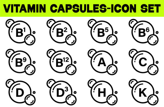 Vitamin Golden Capsules, Set of Multi Vitamin Complex Icons, Vitamin A, B1, B2, B5, B6, B9, B12, C, D, D3, E, H, K, Multivitamin Supplement, Essential Vitamin Complex, Healthy Life Concept