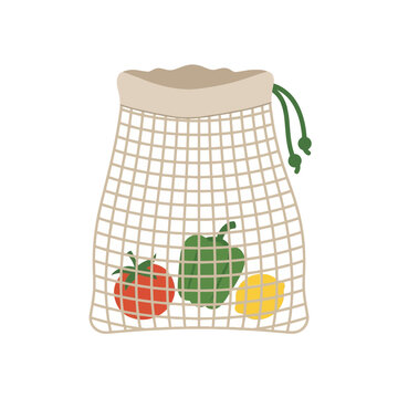 Reusable string bag filled with fresh vegetables and fruit in flat vector style