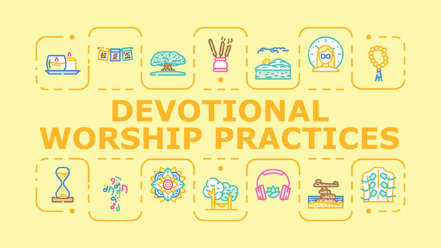 Devotional worship practices banner infographic. Devotion altar, chant sacred, sermon candle icon vector illustration