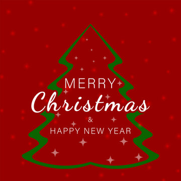 Festive Christmas and New Year greeting card with green Christmas tree, white ornaments and elegant typography on a red background. Vector illustration.