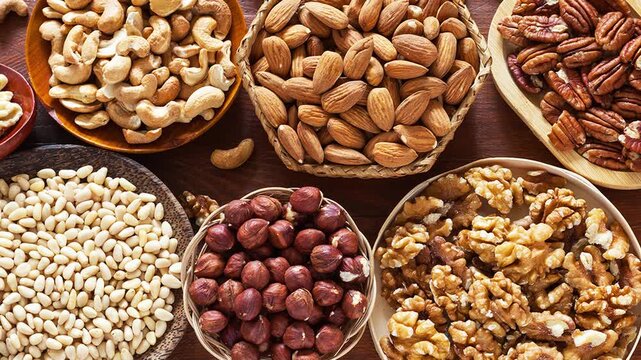 Video of variety of delicious shelled nuts for snacking served on wooden plates &mdash; walnuts, hazelnuts, pecans, almonds, cashews, and cedar nuts on wooden table. Close-up, top view, flat lay